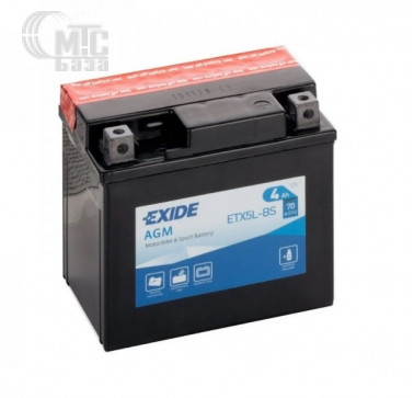 Аккумулятор на мотоцикл Exide 4Ah [AGM ETX5L-BS] EN70 А 113x70x105 мм